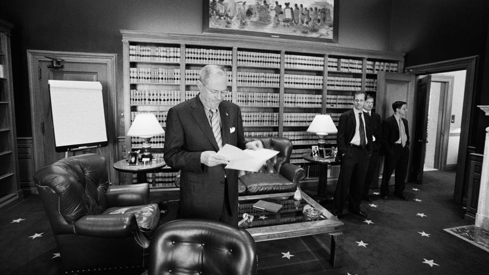 Supreme Court Justice Anthony M. Kennedy stands in his chambers with his clerks during the 2001-2002 term. - David Hume Kennerly/Getty Images