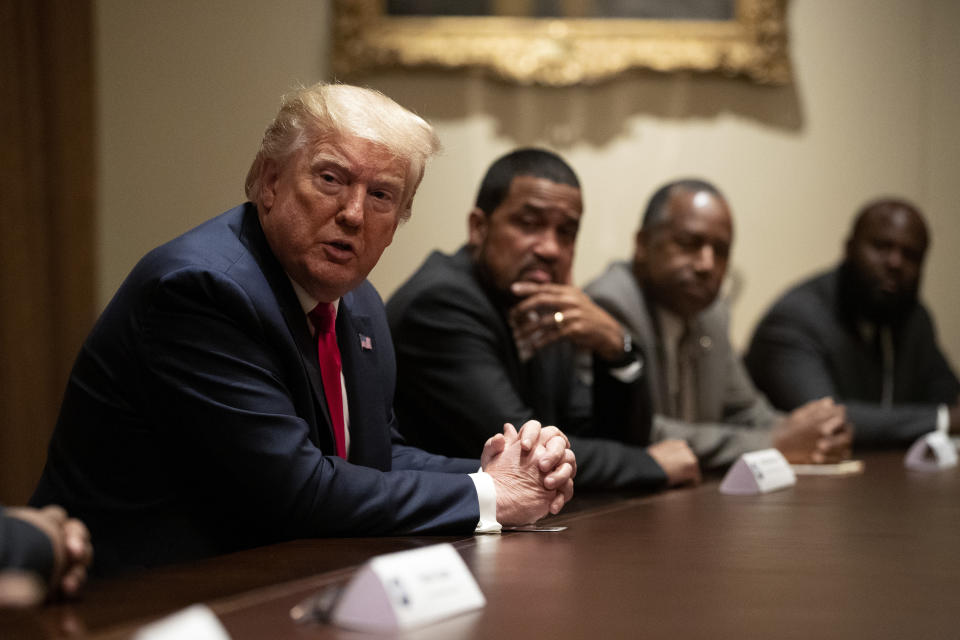 President Donald Trump speaks during a roundtable discussion with African-American supporters in the Cabinet Room of the White House, Wednesday, June 10, 2020, in Washington. (AP Photo/Patrick Semansky)