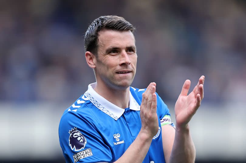 LIVERPOOL, ENGLAND - MAY 11: Seamus Coleman of Everton applauds the fans following the team's victory during the Premier League match between Everton FC and Sheffield United at Goodison Park on May 11, 2024 in Liverpool, England. (Photo by Jan Kruger/Getty Images)