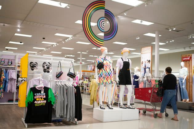 Pride Month merchandise is displayed Wednesday at the front of a Target store in Hackensack, New Jersey. Target is removing certain items from its stores and making other changes to its LGBTQ+ merchandise nationwide ahead of Pride Month after backlash from some customers.