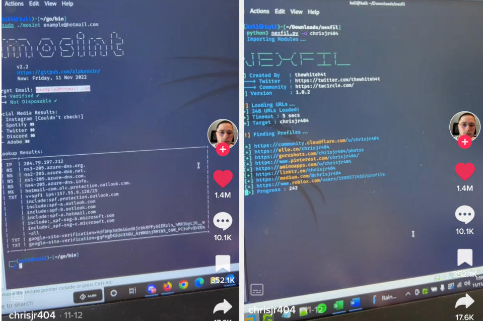 screenshot from Chris's video showing the mosint and nexfil tools