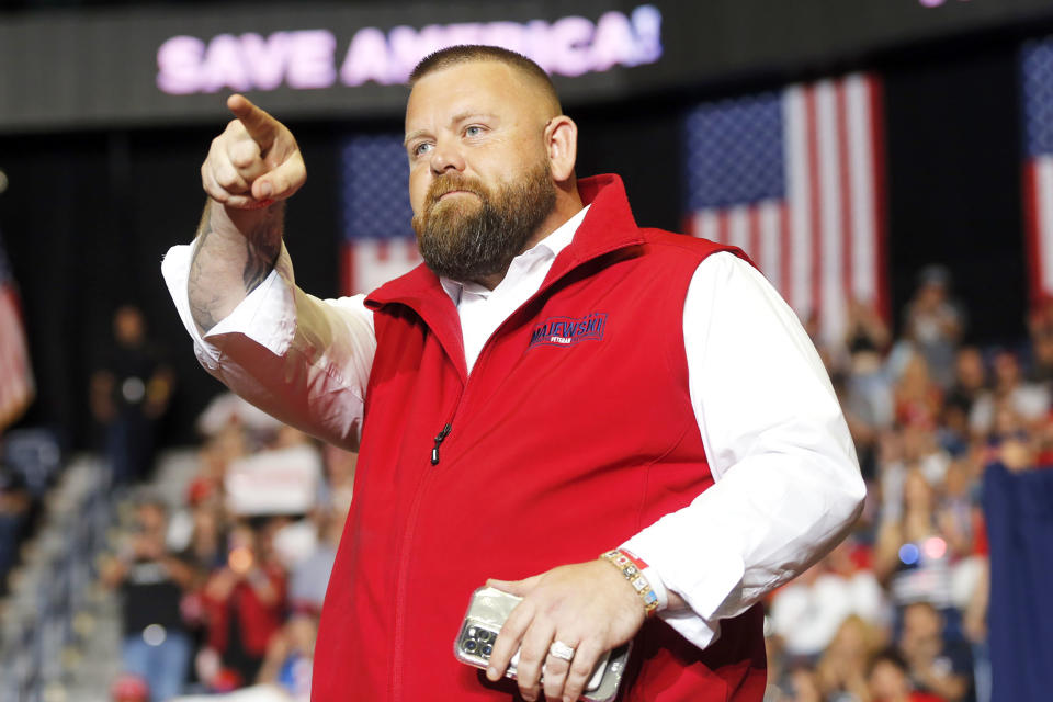 J.R. Majewski, Republican candidate for U.S. Representative for Ohio's 9th Congressional District, takes the stage at a campaign rally in Youngstown, Ohio., Saturday, Sept. 17, 2022. (Tom E. Puskar / AP file)