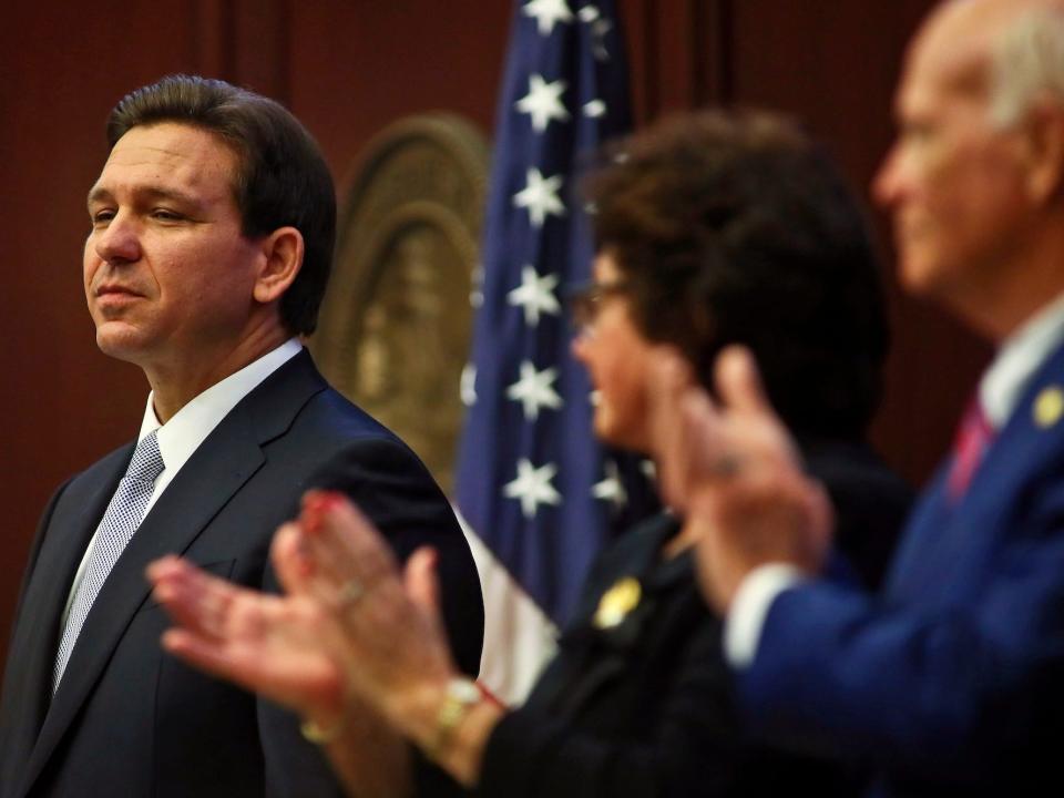 Florida Gov. Ron DeSantis gives his State of the State address during a joint session of the Senate and House of Representatives Tuesday, March 7, 2023, at the Capitol in Tallahassee, Florida.
