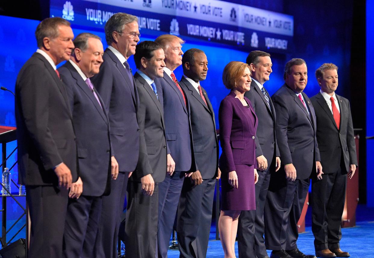 From left, John Kasich, Mike Huckabee, Jeb Bush, Marco Rubio, Donald Trump, Ben Carson, Carly Fiorina, Ted Cruz, Chris Christie and Rand Paul at a Republican presidential debate on Oct. 28, 2015, in Boulder, Colo.