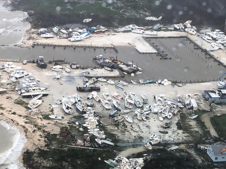 A U.S. Coast Guard image shows damage to a marina in the Bahamas on Monday.