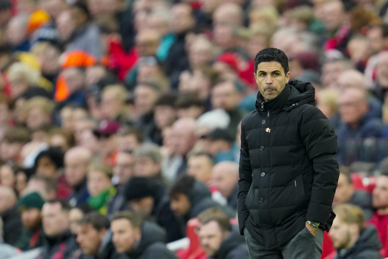 Arsenal's manager Mikel Arteta looks on during the English Premier League soccer match between Liverpool and Arsenal at Anfield in Liverpool, England, Sunday, April 9, 2023. (AP Photo/Jon Super)