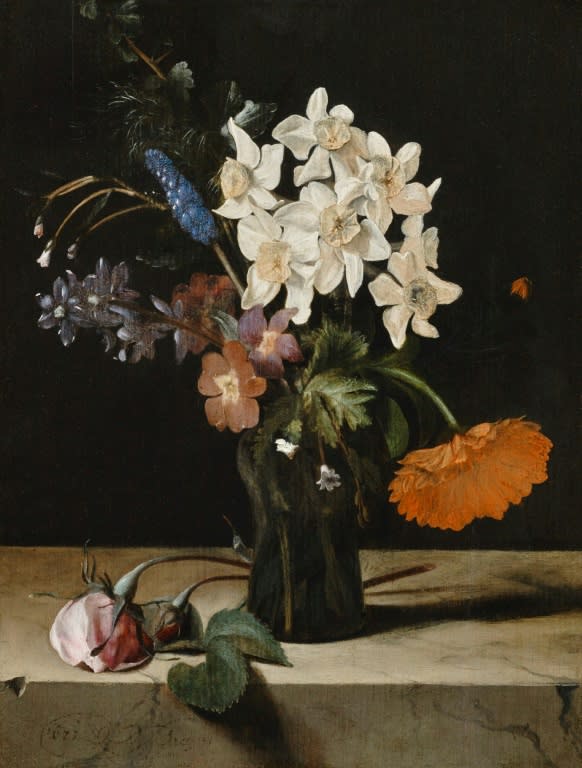 "Narcisos y otras flores en un jarrón de cristal sobre una losa de mármol", el cuadro del pintor Dirck de Bray de 1673 que había desaparecido del museo Kunsthaus de Zúrich, en una imagen difundida el 20 de junio de 2023 (Handout)