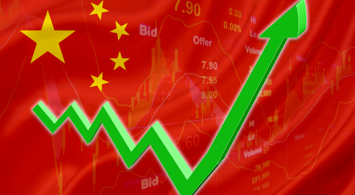 Flag of China with a chart of financial instruments for stock market analysis and a green uptrend arrow indicates the stock market enter booming period.