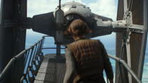 <p>This striking shot of a TIE Fighter looming in front of Felicity Jones’ Jyn Erso seems to be part of a large final act action sequence that was completely excised. It involves the data tapes that hold the plans for the Death Star. Credit: Lucasfilm/Disney </p>