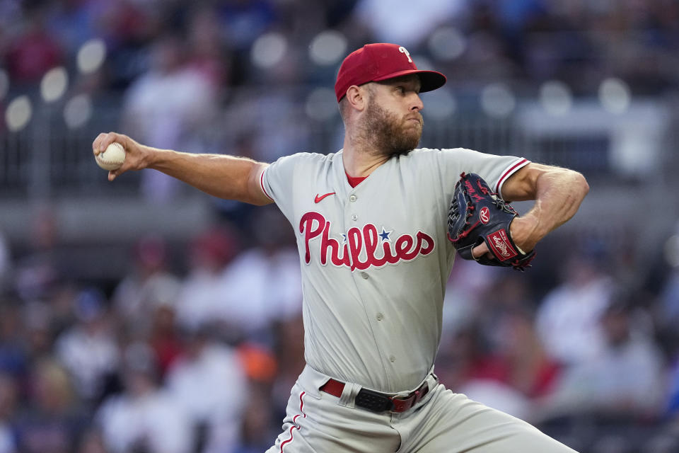 Philadelphia Phillies starting pitcher Zack Wheeler (45) works in the first inning of a baseball game against the Atlanta Braves Monday, Sept. 18, 2023. (AP Photo/John Bazemore)