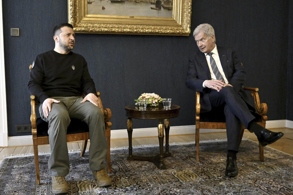 Ukrainian President Volodymyr Zelenskyy, left, and Finnish President Sauli Niinisto, meet at the Presidential Palace in Helsinki, Finland, Wednesday, May 3, 2023. Zelenskyy made an unannounced visit to the Finnish capital, Helsinki, for a one-day summit with Nordic leaders, as he pushes Ukraine’s Western allies to provide Kyiv with more military support. (Vesa Moilanen/Lehtikuva via AP)