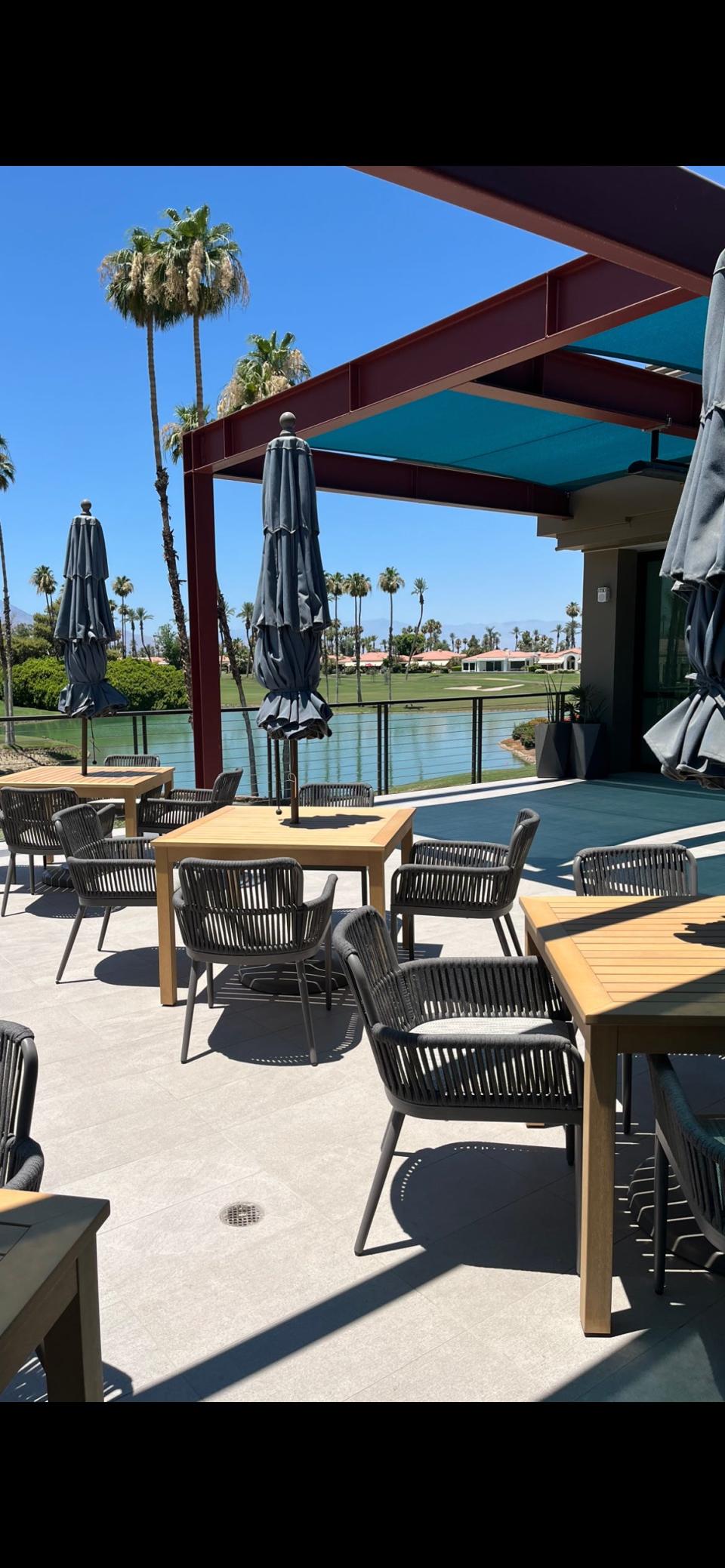 Outdoor seating overlooking the golf course is part of the updated and renovated clubhouse at Desert Horizon Country Club.