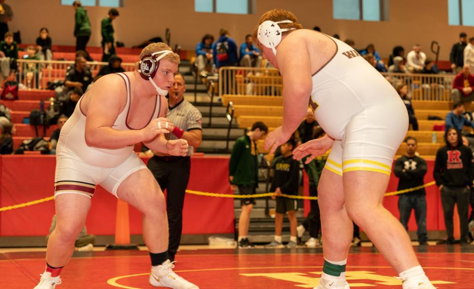 Watchung Hills Regional’s Hunter Seubert (green) beats Hillsborough’s Christian Quandt (red) in the 285 weight class at the 2023 Somerset County Boys Wrestling Tournament on Jan. 7 at the gymnasium at Hillsborough High School in Hillsborough.