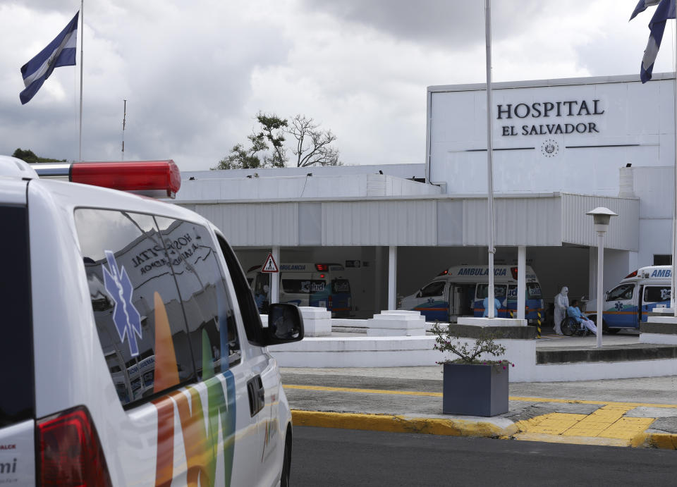 Patients are received at the emergency door of the Hospital El Salvador in San Salvador, El Salvador, Tuesday, June 22, 2021. President Nayib Bukele had the hospital built at the start of the new coronavirus pandemic. (AP Photo/Salvador Melendez)