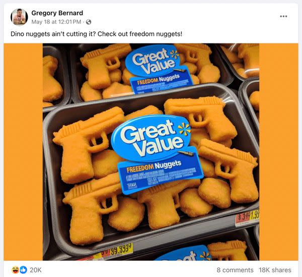 A picture purportedly showed Walmart was selling chicken nuggets in the shape of small pistols or guns named Great Value Freedom Nuggets.