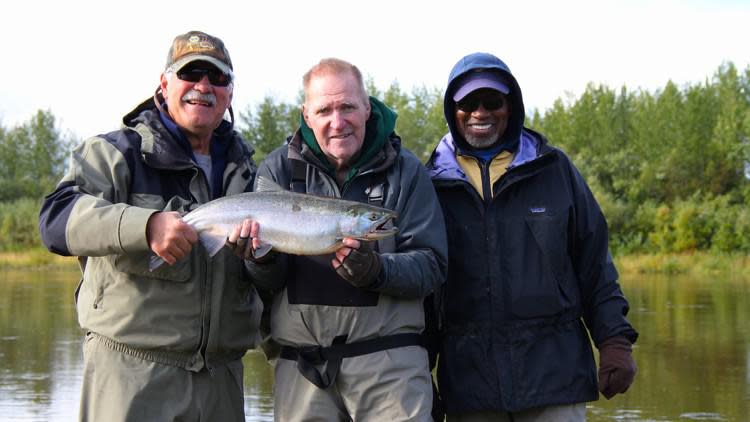 Larry Csonka, left, Jim Kiick and Mercury Morris during a taping of a 2017 NFL Network special on ‘The Perfect Backfield' in Alaska.