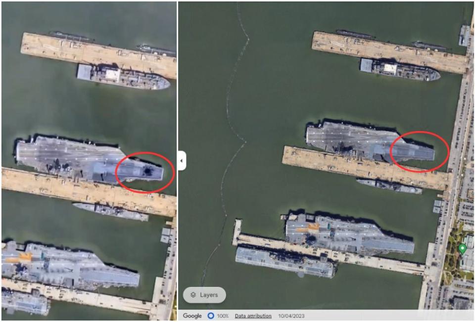 <span>Screenshot comparison between the image in the false posts (left) and the corresponding image from Google Earth (right)</span>