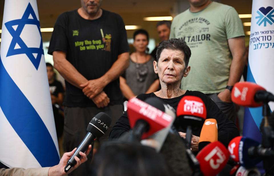 Oct. 24: Yocheved Lifshitz speaks to the media outside Ichilov Hospital after she was released by Hamas last night in Tel Aviv, Israel. Two hostages taken by Hamas on Oct. 7, Nurit Cooper and Lifshitz, were released to the Red Cross within Gaza and returned to Israel. This followed the release of two other hostages, both U.S. nationals, who were released on Saturday.