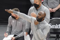 Atlanta Hawks coach Lloyd Pierce shouts to the team during the second half of an NBA basketball game against the Utah Jazz on Friday, Jan. 15, 2021, in Salt Lake City. (AP Photo/Rick Bowmer)