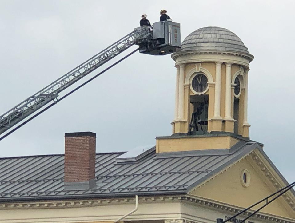 In this file photo, Canandaigua firefighters take to the skies over City Hall for some high-rise training.