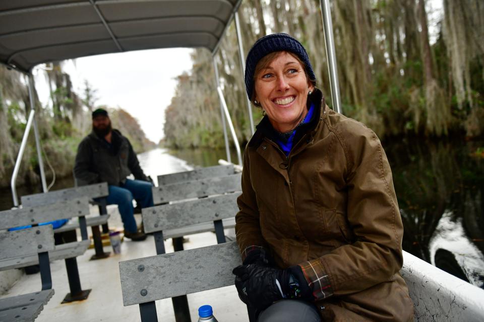 Kim Bednarek, executive director at the Okefenokee Swamp Park & Adventures, during a boat tour of the Okefenokee National Wildlife Refuge near Folkston, Ga. Bednarek is working to get the Okefenokee added to the list of UNESCO World Heritage sites — a first for the state of Georgia. [Corey Perrine/Florida Times-Union]