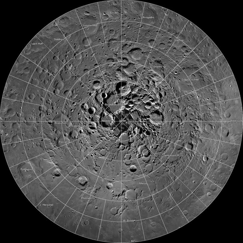 FILE PHOTO: Undated NASA image shows high resolution mosaic of the moon's north polar region