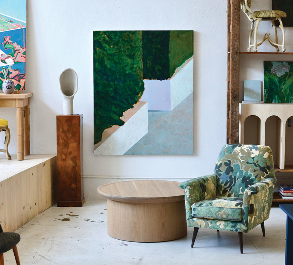 In the new Martin and Brockett showroom on Pico Boulevard in Mid-City, a painting by Nick McPhail shares a corner with Martin and Brockett’s Findley coffee table in oak (,360), Jolly armchair (,950) and, on the pedestal, a concrete lamp (starting at In the new Martin and Brockett showroom on Pico Boulevard in Mid-City, a painting by Nick McPhail shares a corner with Martin and Brockett’s Findley coffee table in oak ($3,360), Jolly armchair ($3,950) and, on the pedestal, a concrete lamp (starting at $1,175) by James Haywood.,175) by James Haywood. - Credit: Courtesy of Jon Keiser