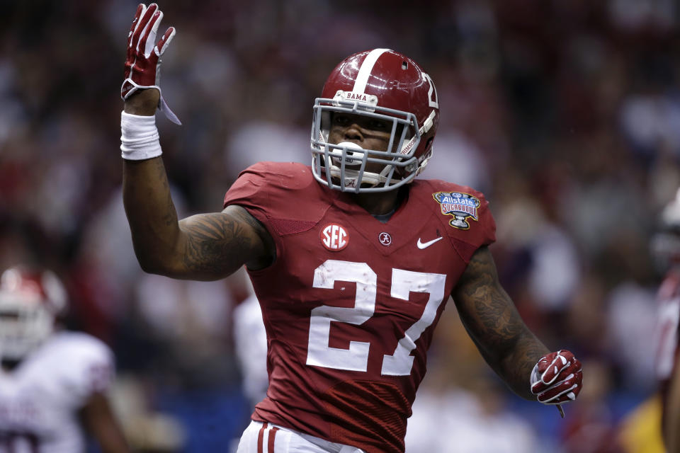 Alabama running back Derrick Henry celebrates his touchdown during the second half of the NCAA college football Sugar Bowl against Oklahoma in New Orleans, Thursday, Jan. 2, 2014. (AP Photo/Patrick Semansky)