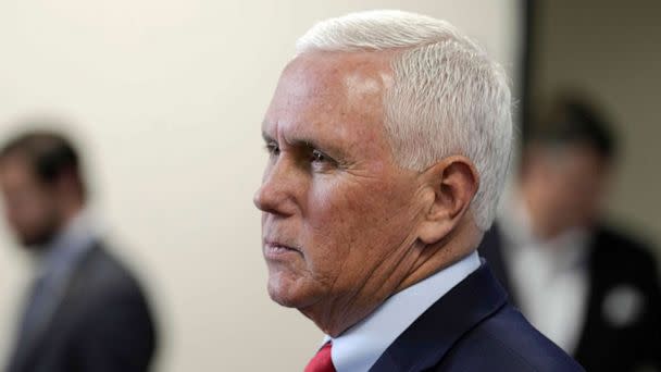 PHOTO: Former Vice President Mike Pence speaks with reporters following a roundtable discussion on police reform, March 2, 2023, in North Charleston, S.C. (Meg Kinnard/AP)