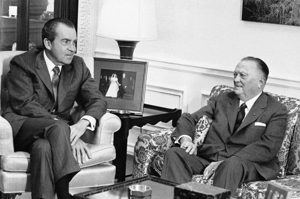 J. Edgar Hoover, shown here at 77 in 1971 with then-President Richard Nixon, started his career in government decades earlier. The Osage Indian murders were one of the first big cases for the nascent FBI, which Hoover oversaw for decades.