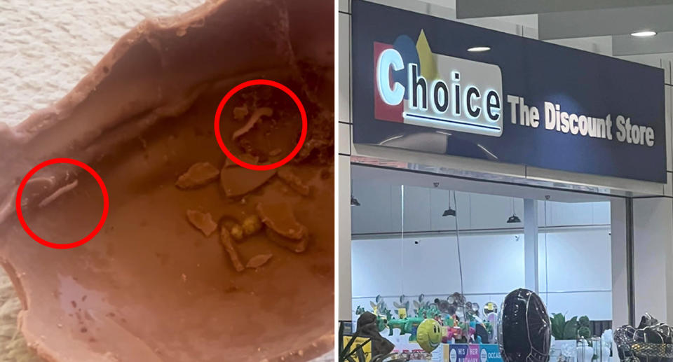 The creatures in the chocolate egg can be spotted (left) with the Choice The Discount Store store front in Coomera (right). 