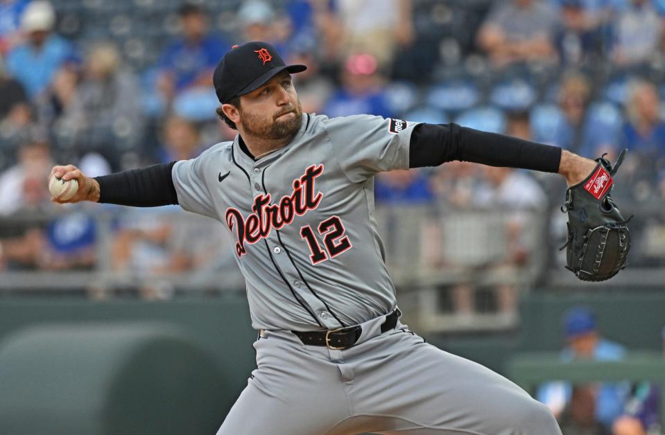 Tigers pitcher Casey Mize delivers a pitch against the Royals in the first inning on Tuesday, May 21, 2024, in Kansas City, Missouri.