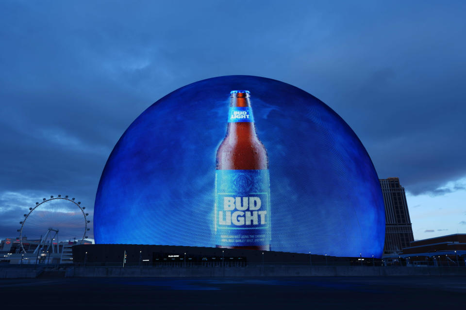 A Bud Light beer advertisement is projected onto the Sphere in Las Vegas on Feb 10, 2024.