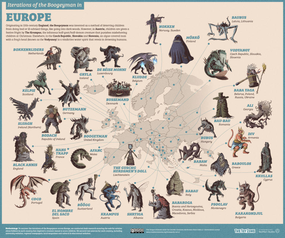 A map featuring bogeymen monsters from different countries around the world