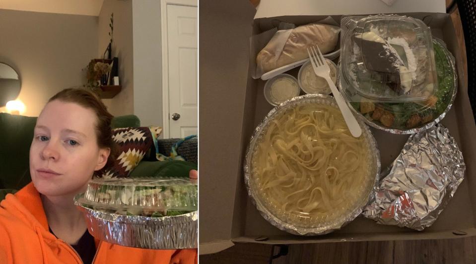 A woman holding takeout food in her empty apartment and an overhead shot of a box full of takeout food.