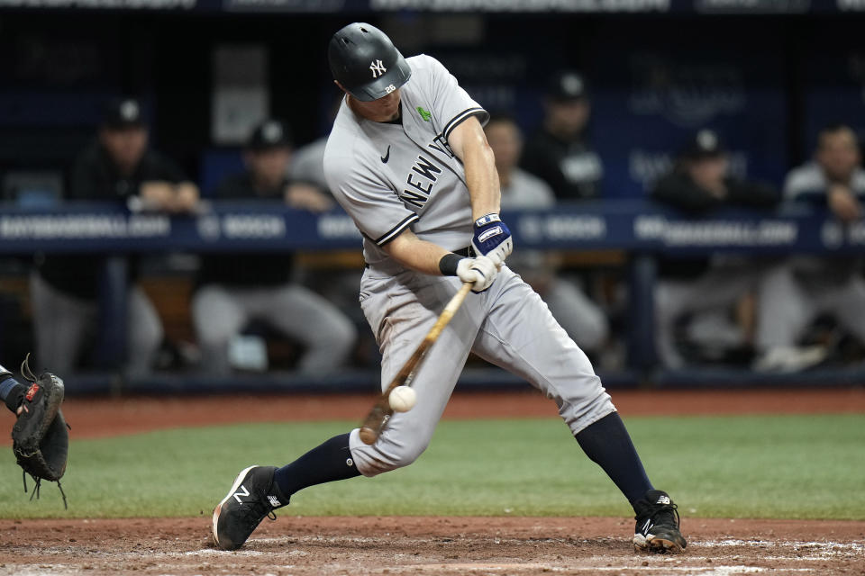 New York Yankees' DJ LeMahieu connects for an RBI double off Tampa Bay Rays relief pitcher Kevin Kelly during the eighth inning of a baseball game Saturday, May 6, 2023, in St. Petersburg, Fla. (AP Photo/Chris O'Meara)