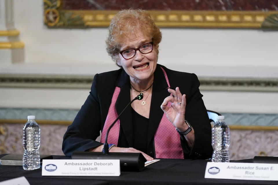 Ambassador Deborah Lipstadt, Special Envoy to Monitor and Combat Antisemitism, speaks during a roundtable discussion with Doug Emhoff, the husband of Vice President Kamala Harris, and Jewish leaders about the rise in antisemitism and efforts to fight hate in the United States in the Indian Treaty Room in the Eisenhower Executive Office Building on the White House Campus in Washington, Wednesday, Dec. 7, 2022. (AP Photo/Patrick Semansky)