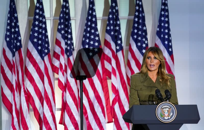 U.S. first lady Melania Trump delivers a live address to the 2020 Republican National Convention from the White House in Washington