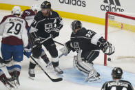 Colorado Avalanche right wing Mikko Rantanen (96) scores against Los Angeles Kings goaltender Jonathan Quick (32) during the first period of an NHL hockey game Thursday, Jan. 21, 2021, in Los Angeles. (AP Photo/Ashley Landis)