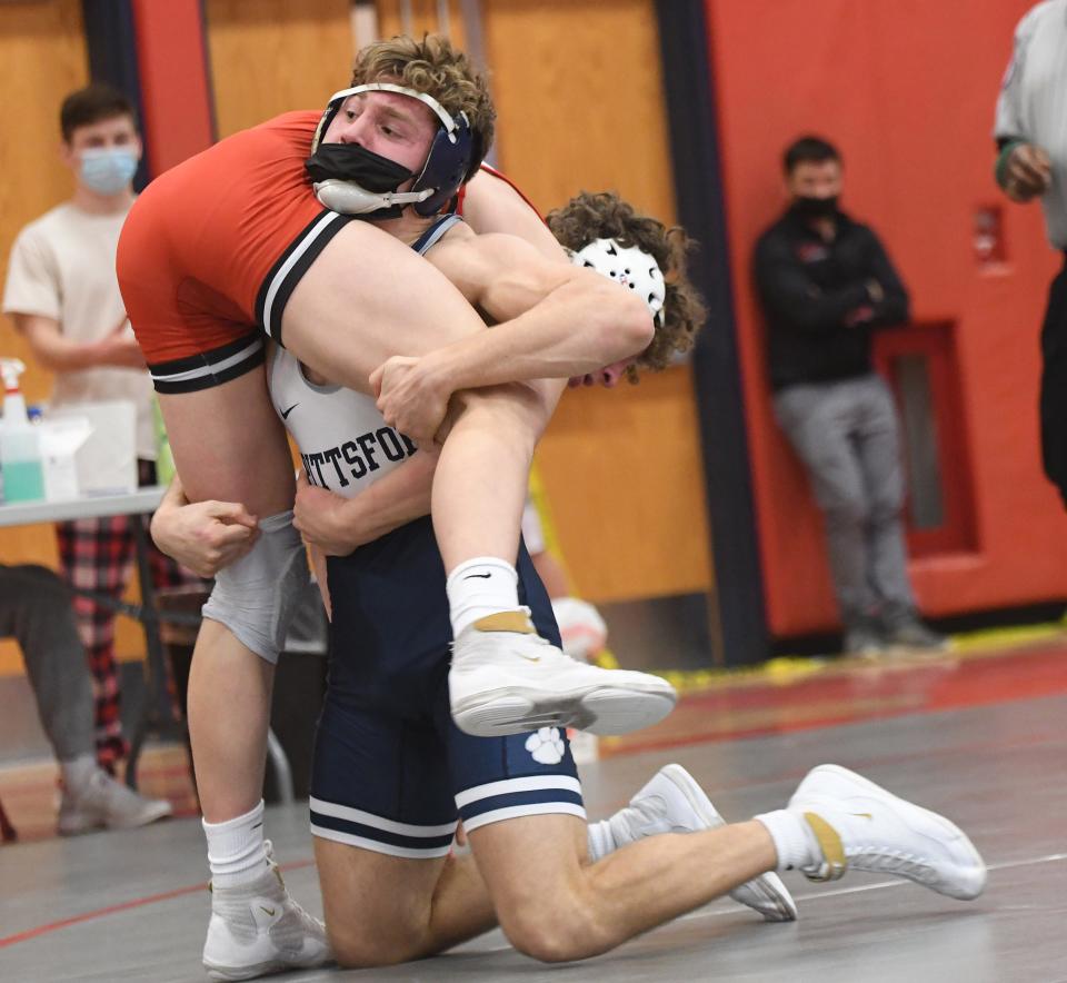 Pittsford middleweight Nick Sanko, a senior, taking down Michael Schaefer of Lancaster during their 160 pound Robert Bradshaw Memorial championship match earlier this season at Canandaigua.