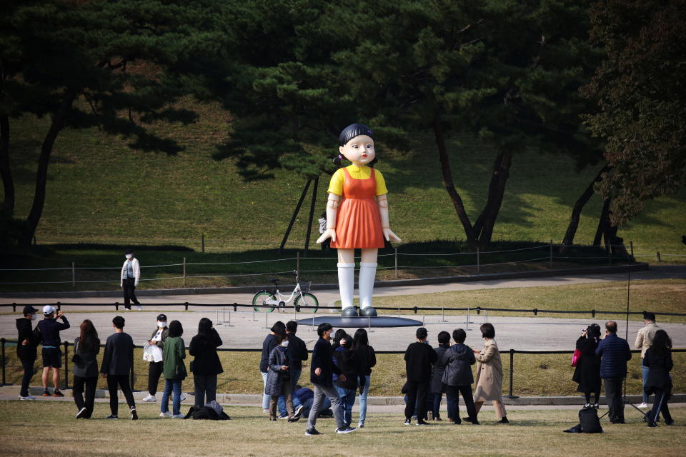 A giant doll named 'Younghee' from Netflix series 'Squid Game' is on display at a park in Seoul, South Korea, October 26, 2021. REUTERS/Kim Hong-Ji