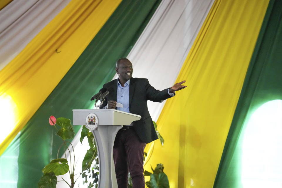 Kenya's President-elect William Ruto addresses the media at his official residence of the deputy president in the Karen area of Nairobi, Kenya Wednesday, Aug. 17, 2022. (AP Photo/Mosa'ab Elshamy)