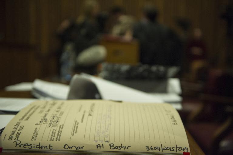 The case file against Sudanese President Omar al-Bashir is pictured on the bench at the North Gauteng High court on June 15, 2015 in Pretoria