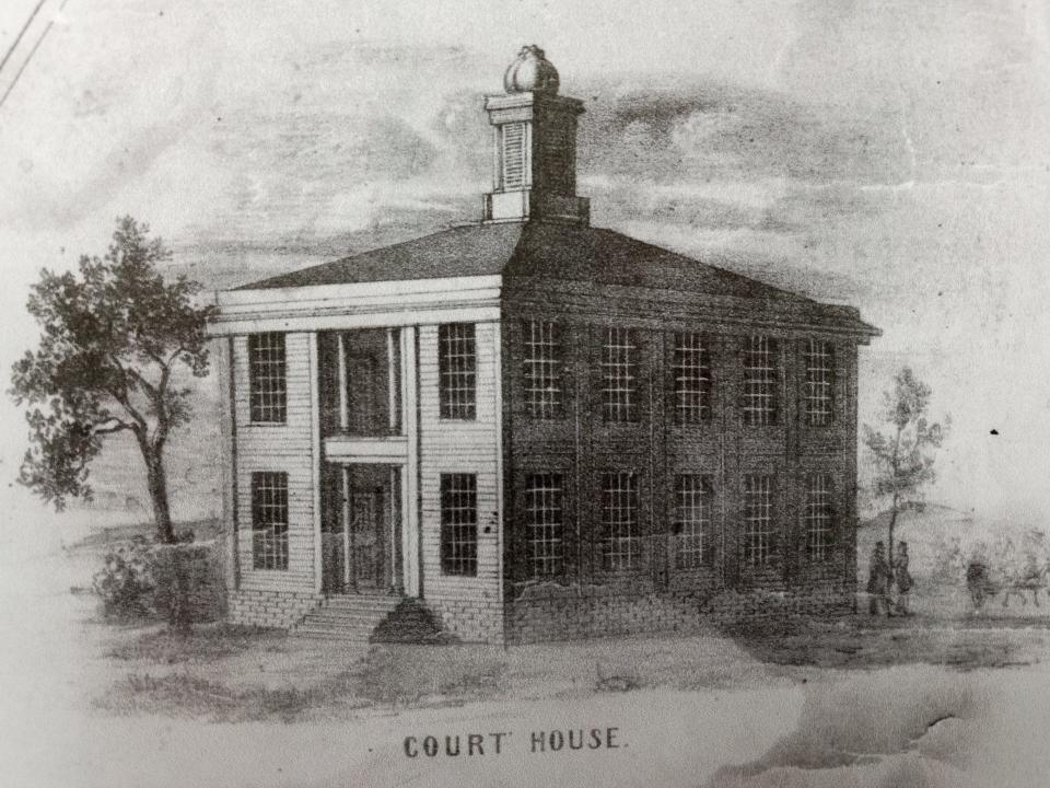 This sketch of the 1843 Wayne County courthouse in Honesdale is from the 1851 map of the borough.
