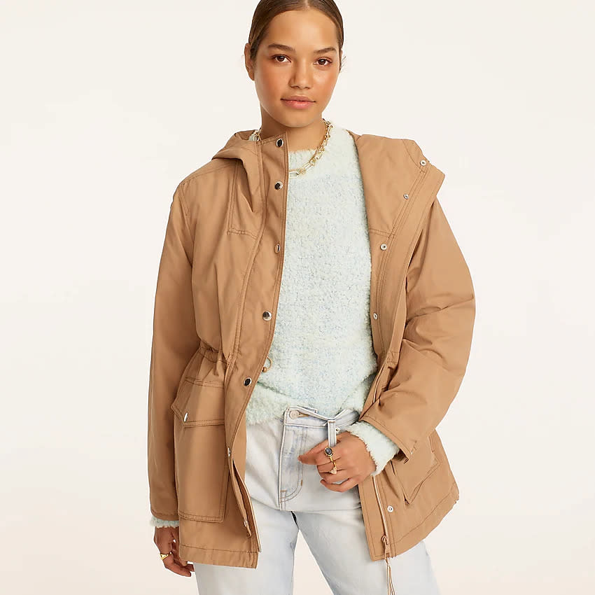 Woman in light brown jacket (Photo: J.Crew)