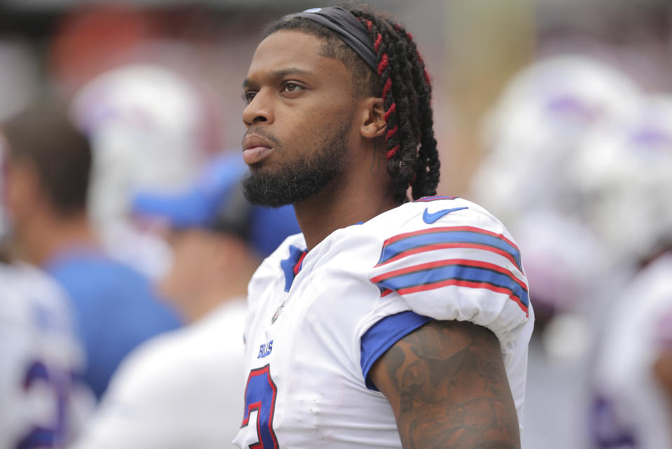 FILE - Buffalo Bills safety Damar Hamlin looks on during an NFL football preseason game against the Chicago Bears, Aug. 26, 2023, in Chicago. The Bills are drawing upon the lingering memories of an emotionally draining season last year by believing they are stronger because of it thanks to the emphasis coach Sean McDermott placed on mental health. (AP Photo/Melissa Tamez, File)