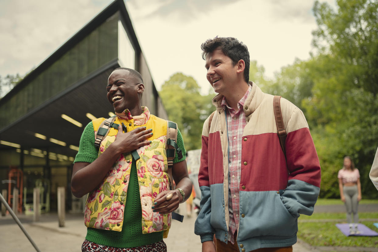 Asa Butterfield as Otis Milburn and Ncuti Gatwa as Eric Effiong in Sex Education Season 4. (Thomas Wood/Netflix)