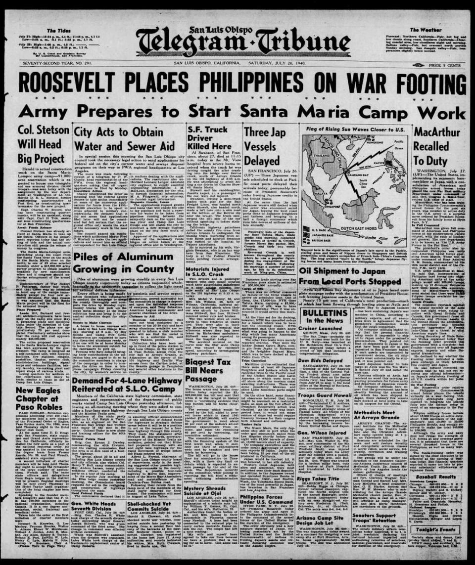Front page of the San Luis Obispo Telegram-Tribune July 26, 1941 documents war preparations and the cut off of oil to Japan.