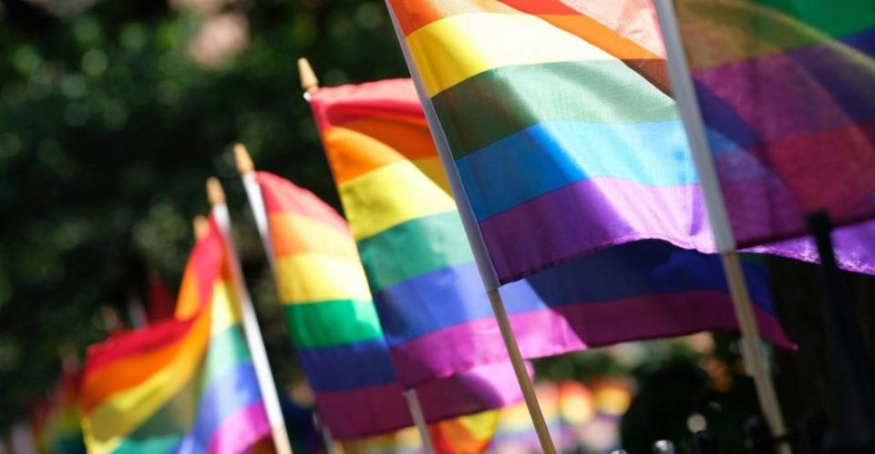 Pride Flags decorate Christopher Park on June 22, 2020 in New York City. (Photo by Dimitrios Kambouris/Getty Images,)