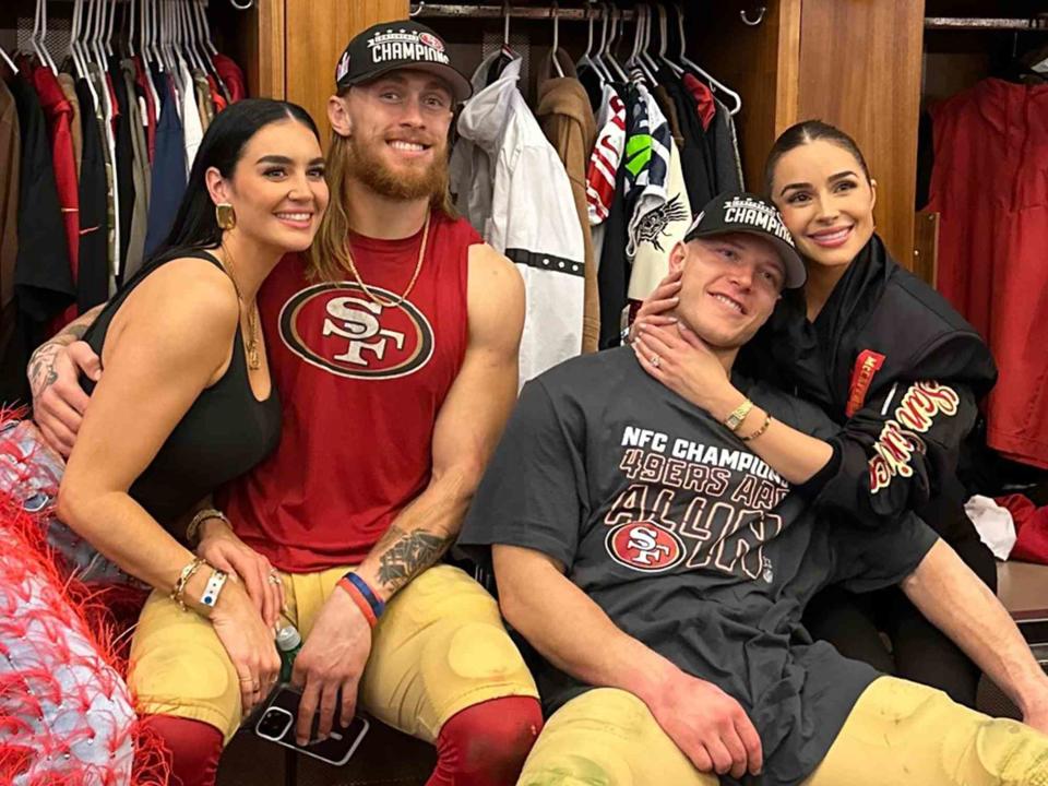 <p>Olivia Culpo Instagram</p> Claire Kittle, George Kittle, Christian McCaffery, and Olivia Culpo. 